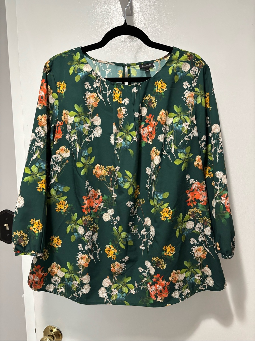 Talbots Dark Green Floral Blouse with Multicolor Blooms Large